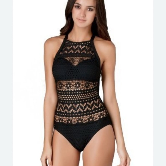 Robin Piccone Black Crochet One-Piece Swimsuit - Picture 1 of 3